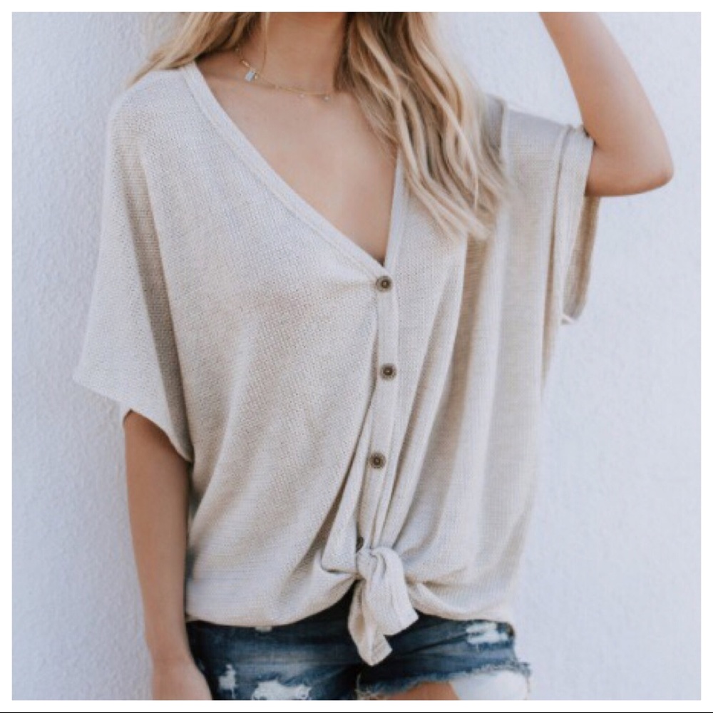 Short Sleeve Button Down Waffle Thermal - Oatmeal - Picture 2 of 2